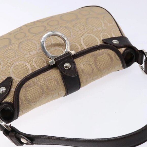 Salvatore Ferragamo Gancini Hand Bag Canvas Beige Silver Auth bs28514 - Picture 7 of 16
